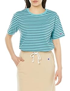 [チャンピオン] Tシャツ 半袖 丸首 綿100% Relax Fit ボーダーショートスリーブポケットTシャツ ウィメンズベーシック CW-X343 ライトブルーグリーン L