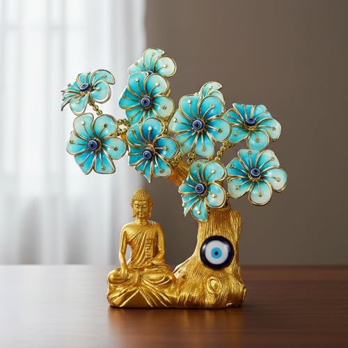 Image of eCraftIndia Tree of Life with Buddha Idol Flowers | Evil Eye Tree Showpiece (Sky Blue, Gold) Feng Shui Items for Good Luck Positive Energy Vastu Shelf Living Room Home Decor Gift for Housewarming