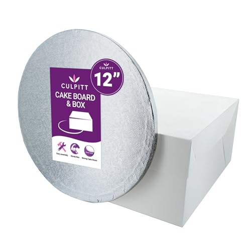Culpitt 12 Round Silver Cake Drum Board & White Box Combo, 12 Inch Square Box and Matching Cake Circle Set For Transport