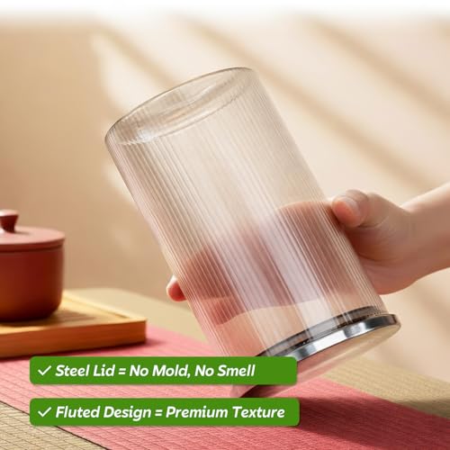 Image of amazon basics Fluted Glass Jars with Stainless Steel Lids, Set of 6, 600ml Decorative Kitchen Storage Containers for Snacks, Spices, Dry Fruits, Tea & Coffee