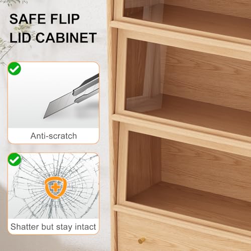 Image of AnywaysWood 73 inch H Tall Solid Wood Bookcase with Flip-Up Tempered Glass Doors and 3 Color Led Lights,4 -Tier Wooden Bookshelf with 1 Drawer,Display Cabinet Kitchen Pantry for Living Room,Office