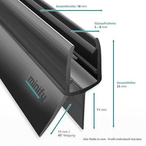 minify Duschdichtung für Glastüren (5-8mm) – Dichtung Dusche Glastür Transparentes U-Profil in Schwarz, verschiedenen Längen erhältlich (1 Stück, 80cm)