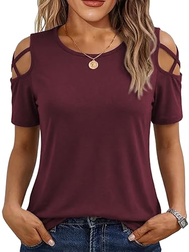 Jar of Love Women's Short Sleeve Cold Shoulder T Shirts Criss Cross Spring Summer Loose Fit Tops Going Out Tops Lady Casual Dressy Shirts 2026,L,Burgundy