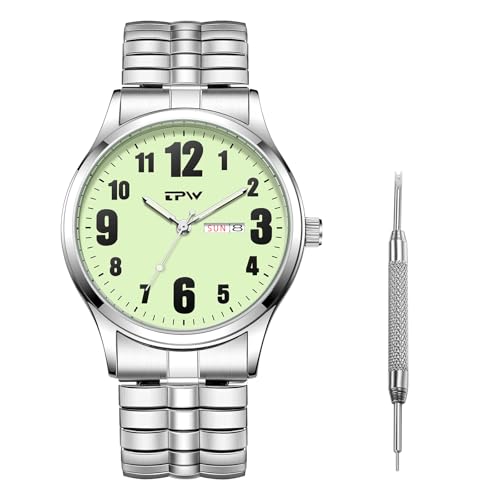 JewelryWe Men's Elastic Band Watch: Day-Date Display Arabic Numerals Luminous Hands Easy to Read Large Dial Watches Silver Tone Adjustable Stainless Steel Strap Analog Quartz Wristwatch