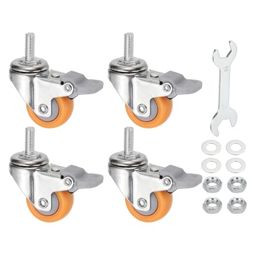 PATIKIL 1.5 Inch Stem Caster Wheels with Brake Set of 4 Low Profile Threaded Shelf Swivel Wheel M8 x 20 mm Total Load 165 Lbs for Furniture Cart Wire Shelving Racks Leveling, Orange