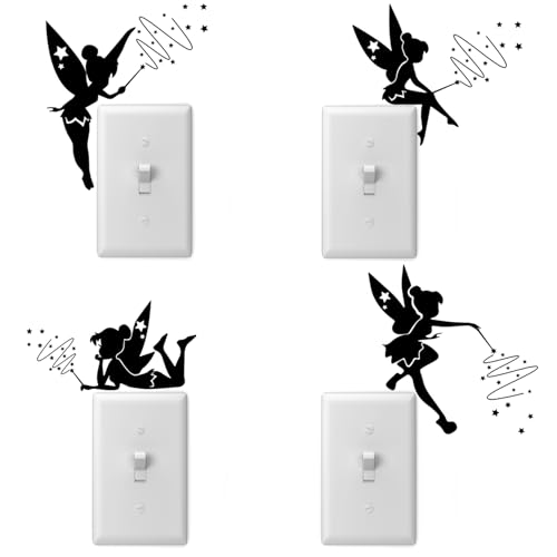 Tinkerbell Lightswitch Vinyl Decal Sticker, 4 Pack Fairy Sticker for Light Switch, Outlets or Any Ledge, Removable Cute DIY Mural Wallpaper Wall Laptop Computer Vehicle Bedrooms or Nursery (Black)