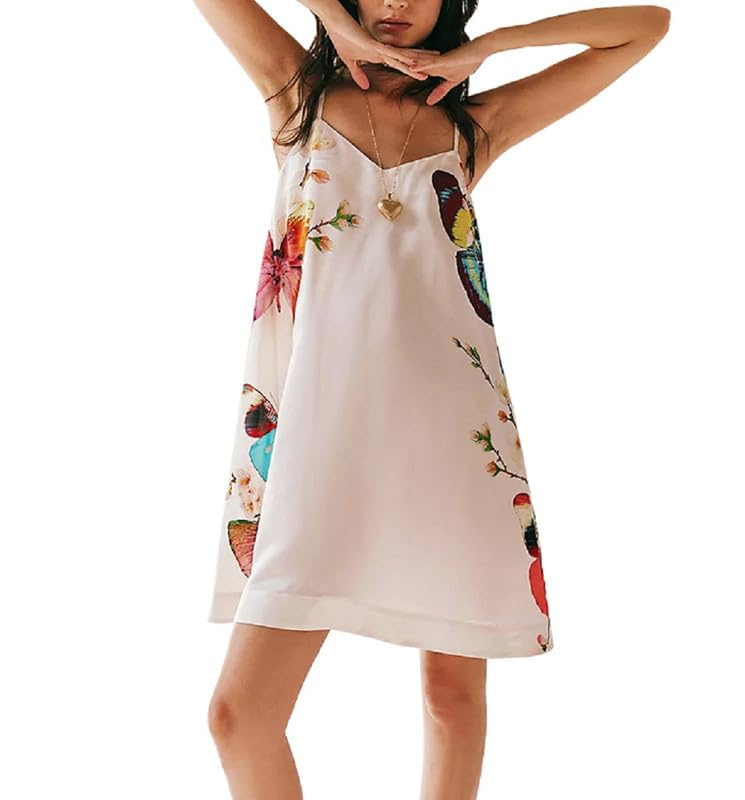 Image of Women Boho Floral Mini Cami Dress Spaghetti Strap Flowy Sling Dress Graphic Backless Summer Holiday Sundress