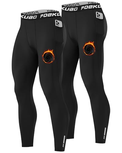 Poekuao 2 Pack Thermal Compression Pants for Men Lightweight Fleece Lined Sports Leggings Cold Weather Athletic Running Tights Base Layer with Pockets Black/Black L