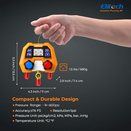 Elitech Digitales Manifold-Messgerät & Füllschlauch Komplett-Set |88 Kältemittel, Hoch-/Niederdruck bis 600psi mit Sättigungstemperatur | 3-farbige Schläuche, LCD-Display, IP54 |Für Kfz & HLK-Profis
