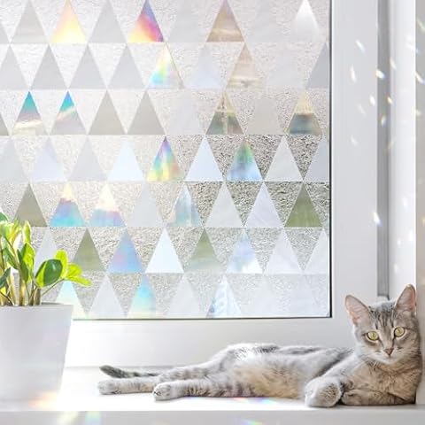 LUTE Window Privacy Film, Decorative Rainbow Holographic Cling Stained Glass Window Film, Frosted UV Blocking Window Covering, Static Cling 3D Suncatcher Decals No Glue Window Sticker, 35.4" x 157.4" Cover