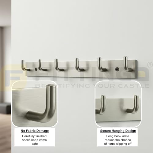 Image of Stainless Steel 6 Hook Cloth Hanger for Door /Dress Hanger Wall Mount /Bathroom Hooks for Hanging Clothes (Silver Matt) Pack of 2-| 3 Years Warranty |