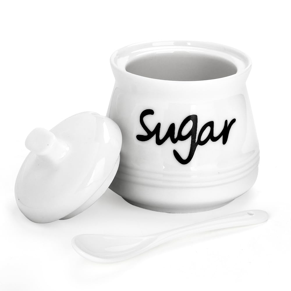 Sugar Bowl Porcelain with Lid and Spoon, 355 ML/12 OZ, Ceramic Sugar Storage Jar, Sugar Salt Pot Seasoning Canister Suit for Coffee Bar, Restaurant, Home, Kitchen