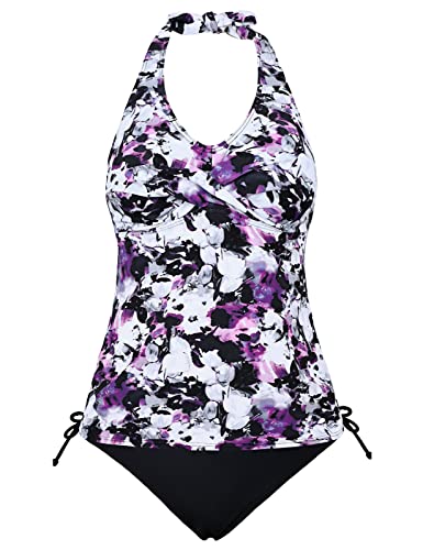 Coastal Rose Tankini Bathing Suits For Women Drawstring Tankini Top With Bikini Bottom Two Piece Swimsuits Us10 Purple Floral #TOP4
