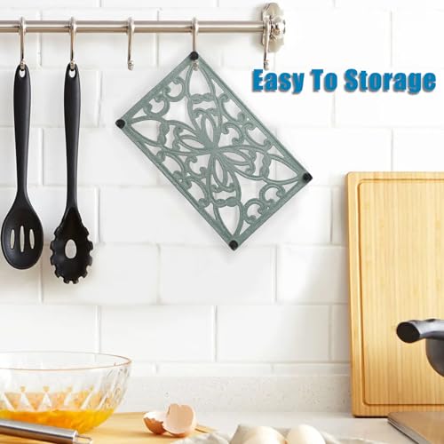SUMTree Rectangle Cast Iron Trivet, Decorative Heavy Duty Hot Pot Holder Mat, Vintage Butterfly Pattern Cast Iron Trivet with Rubber Pegs for Kitchen Dining Table (Green) - Image 4