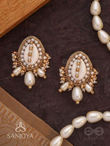 Image of SANJOYA by EVERSTYLISH Embroidered Earrings for Women | Shell, Beads & Pearl Drop Studs | Lightweight Ethnic & Festive Jewelry for Weddings, Parties & Special Occasions