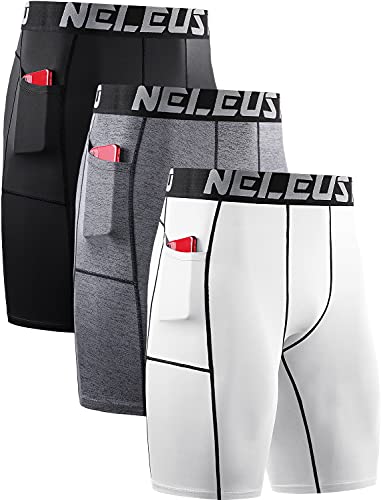 NELEUS Men's 3 Pack Compression Shorts with Pockets Quick Dry Athletic Running Shorts,6087,Black/Grey/White,M