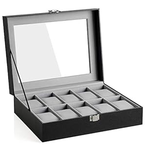 SONGMICS Watch Box with 10 Slots, Watch Case with Glass Lid, Watch Display Box with Removable Watch Pillows, Metal Clasp…
