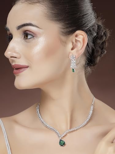 Image of Karatcart Elegant Silver Plated Blue American Diamond Necklace Set for Women