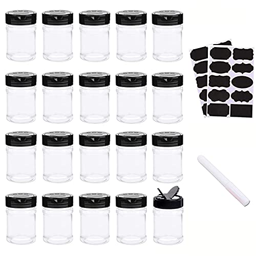 Abgream Plastic Spice Jars - 20 Pack Clear Containers Condiment Pots BPA free with Black Caps, Chalkboard labels, Chalk Marker for Storing Spice, Herbs, Salt, Pepper (5 oz) by Abgream - Used condition - US$7.63