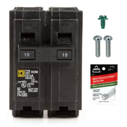 FalconSupply Genuine Square D HOM215 Circuit Breaker Kit Bundle (1 Pack) 15 Amp (15A) Double Pole 120/240V 10kAIC UL Listed Plug-On for Homeline Load Centers & Panel Box New Replacement