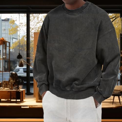 Mokaloha Men's Distressed Washed Cotton Round Neck Long-Sleeved Sweatshirt, Basic Retro Casual Sweatshirt Crewneck2