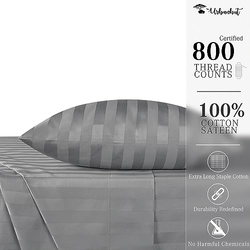 URBANHUT 800 Thread Count Egyptian Cotton Twin Size Damask Striped Sheets Set (4 Pc) - Ultra Soft & Smooth, Thick & Crisp Sateen Weave Twin Bedsheets, Fits Upto 16" Mattress - Dark Grey