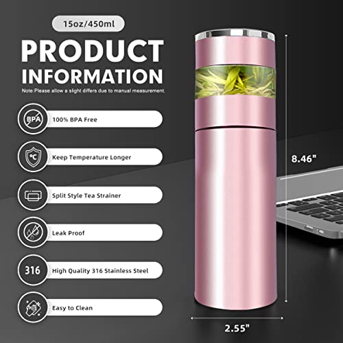 Tea Infuser Bottle - Coffee thermos - Smart Sports Water Bottle with LED Temperature Display,Double Wall Vacuum Insulated Water Bottle - Travel Tea Mug with Stainless Steel Filter (Pink) - Image 3
