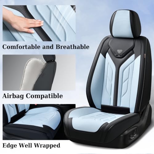 Image of Coverado Car Seat Covers Full Set, Automotive Seat Covers Car Seat Protector Car Seat Cushion, Waterproof Leather Seat Covers for Cars, Universal Fit for Most Sedan SUV Pick-up Truck(Black&Light Blue)