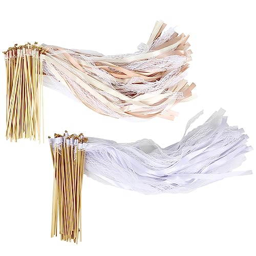 100 varillas de encaje para bodas con cintas de boda, varita de hadas de seda, regalos para fiestas, baby showers, vacaciones, celebraciones (100 unidades en 2 colores)