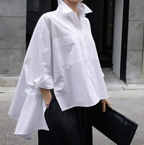 Costaric Dressy Asymmetrical Tops for Women High Low White Button Down Shirts Ladies Irregular Slit Hem Collar Blouses - Image 2