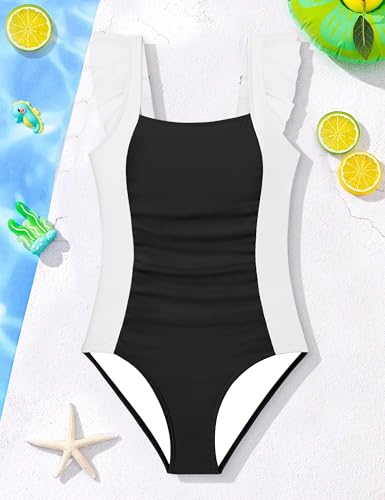 Image of Girls Swimsuit Ruffle Solid One Piece Bathing Suits 7-18 Years | Teen Bathing Suits for Girls Ruched Sleeveless Girls' Swimwear