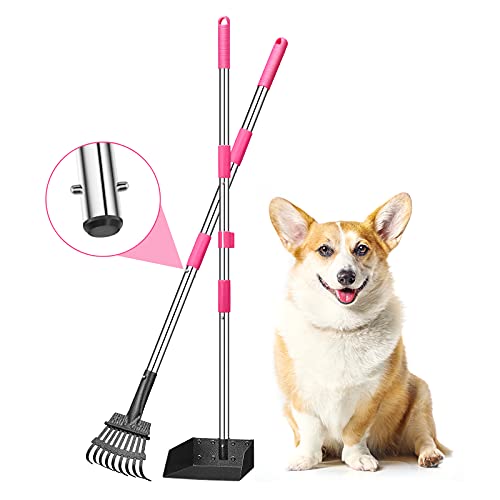 Cryptdogle Dog Pooper Scooper, Upgraded Adjustable Long Handle Stainless Metal Pet Poop Tray and Rake Set for Large Medium Small Dogs, Pet Waste Removal Scoop for Pets, Dirt, Gravel, Lawns, Grass