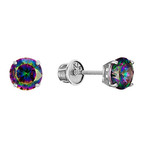 14k White Gold 3mm Rainbow Mystic Round Cubic Zirconia Basket Children Screwback Baby Girls Earrings