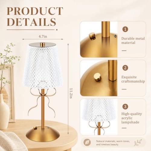 Image of Liliful 2 Pcs Cordless Table Lamp Rechargeable Touch LED Small Gold Portable Battery Operated USB-c Desk Lamp 3 Color Dimmable for Bedroom Living Room Dining (Gold,Crystal Cut Style Bow)