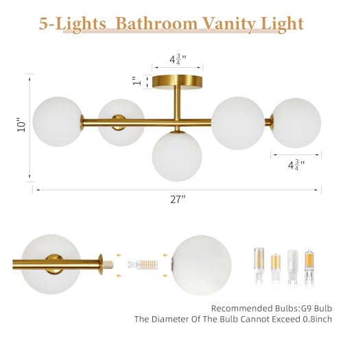 Image of Gold Bathroom Vanity Light Fixtures,5 Lights Mid Century Modern Wall Sconce