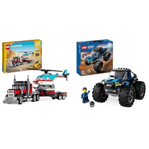 Image of LEGO Creator 3in1 Flatbed Truck with Helicopter Toy to Propeller Plane and Fuel Lorry to Hot Rod & City Blue Monster Truck Toy for 5 Plus Year Old Boys & Girls, Vehicle Set