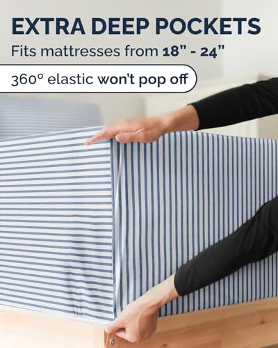 Image of Extra Deep Twin XL Sheet Set - 4 Piece Breathable & Cooling - Blue Stripes | Hotel Luxury Bed Sheets Set, Easy & Secure Fit, Ultra-Soft, Wrinkle & Fade Free, Comfy Sheets Set with Extra Deep Pockets