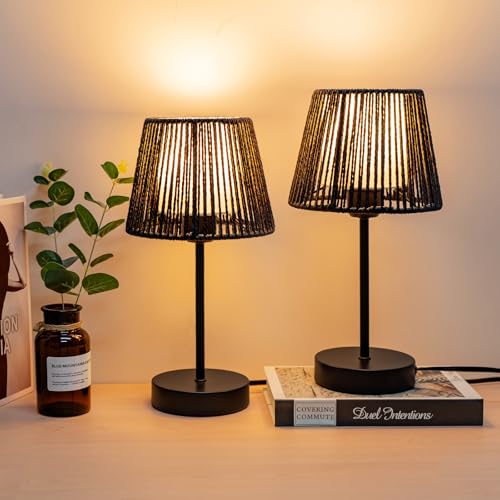 Touch Boho Lamp Dimmable, 3-Way Bedside Table Lamp 14.2", Rope Light for Bedroom Nightstand Farmhouse, Bulb Included, 2 Packs (Black)