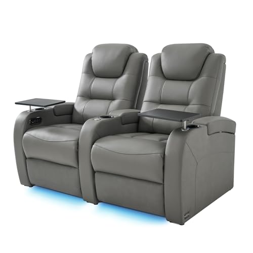 comfiroom Home Theater Seating Simple Style Top Grain Nappa Leather Recliner Sofa Dual Power Movie Theater Chairs with Tray Table Type-C USB Charger (Grey, Row of 2)