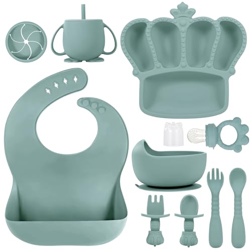 Image of Silicone Baby Feeding Set 10 Pcs Baby Led Weaning Supplies Suction Bowl Divided Plate Baby Bibs Fruit feeder Pacifier Baby Spoons Forks Sippy Cup Utensil Sets Baby Essentials for Newborn Grey Blue