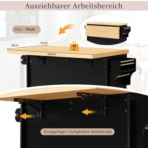 HMHKHN Isla de cocina móvil, carrito de cocina, mesa de comedor extensible, armario de buffet, armario de cocina con ruedas, soporte para copas de vino y espacio de almacenamiento, para cocina - imagen 6