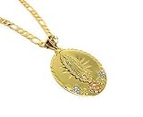 Tri-Color Virgin Mary Flower Pendant Necklace 26' Virgen de Guadalupe Medalla Tres Colores Con...