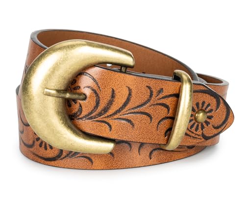 Women Leather Belt for Jeans Pants Western Cowboy Cowgirl Belt Embossed Floral Country Belts with Gold Buckle
