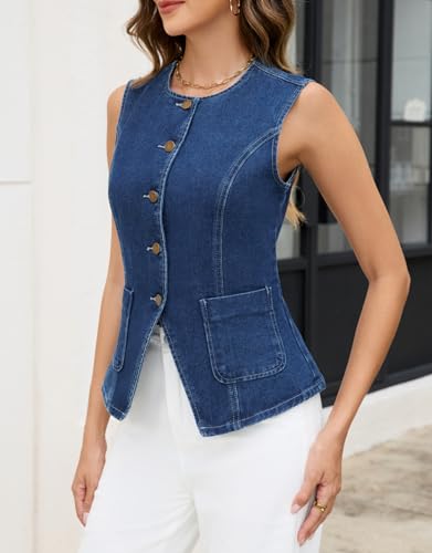 Ladyful Womens Denim Vest Top Sleeveless Jean vest Button Down Western Denim Waistcoat Suit Top4