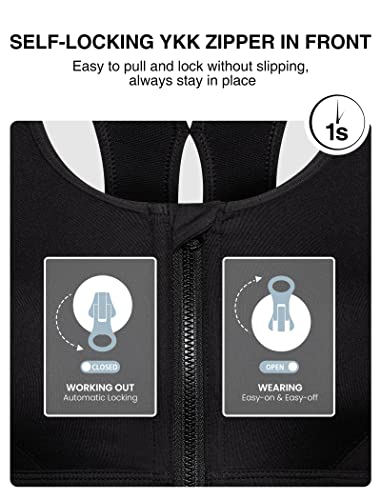 Yvette Womens Sports Bras High Impact Zip Front Sports Bra High Support Large Bust For Workout Running,Black #TOP2