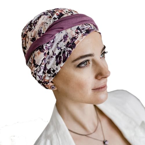 Turban oncologique certifié Oeko-Tex en coton Confort Mauve Fleurs