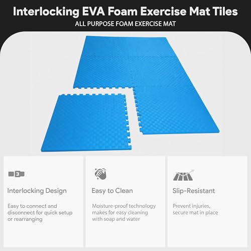Image of BalanceFrom Puzzle Exercise Mat 1 /2 inch Thick, EVA Interlocking Foam Floor Tiles for Home Gym, Mat for Home Workout Equipment, Floor Padding for Kids, Blue, 24 in x 24 in x 1 /2 in, 48 Sq Ft - 12 Tiles | Tiles for Home Gym, Mat for Home Workout Equipment, Floor Padding for Kids, Blue, 24 in x 24 in x 1 /2 in, 48 Sq Ft - 12 Tiles