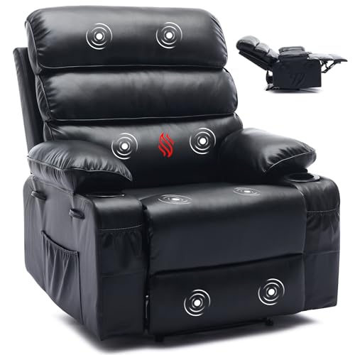 Garvee PU Leather Manual Recliner Chair with Massage and Heat, 27" Extra Wide Seat, 400 lbs Capacity, Thickened Sponge Armrests and Back, Cup Holders