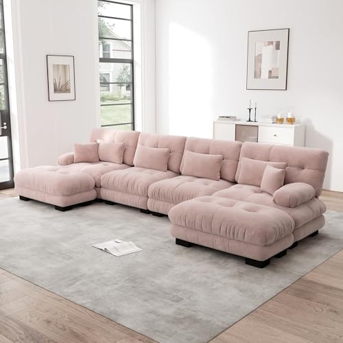 DUlVBPE Modulares Ecksofa, U-förmiges Couch Set für Wohnzimmer, 4-Sitzer Komfortable Cloud Couches mit beweglichem Ottoman, DIY-Kombination, Chenille, Rosa – Bild 4