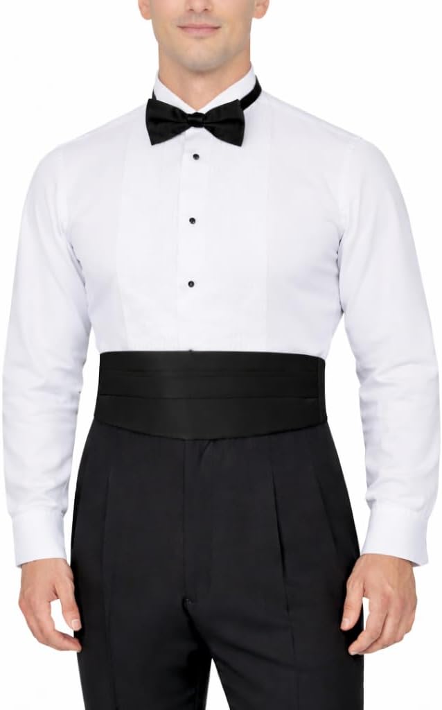 Mens Tuxedo Shirt, Black Cummerbund & Bow Tie Set - Formal Dress Shirt for Wedding, Prom, Black Tie Event - White Button Down